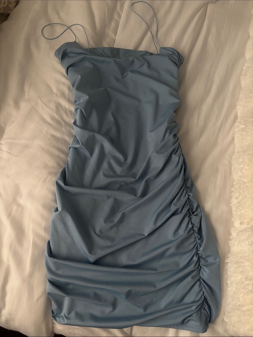 Oh Polly Satin Dusty Blue Ruched Mini Dress